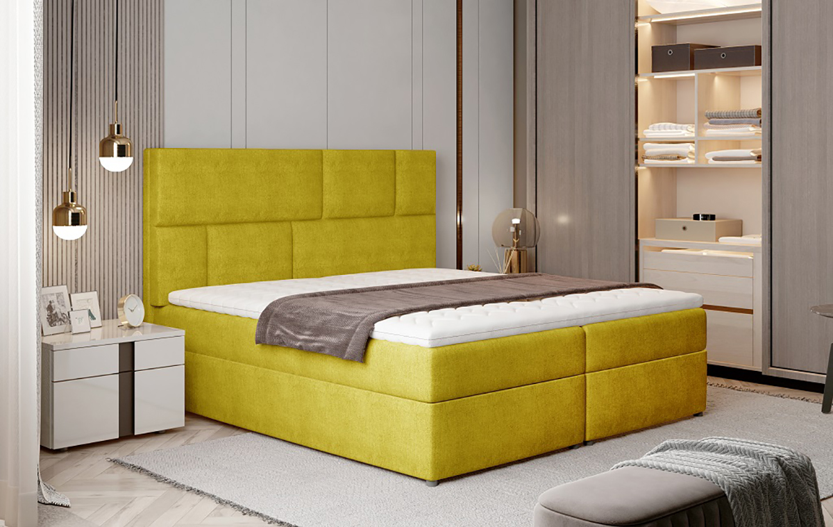 NABBI Ferine 165 čalúnená manželská posteľ s úložným priestorom žltá