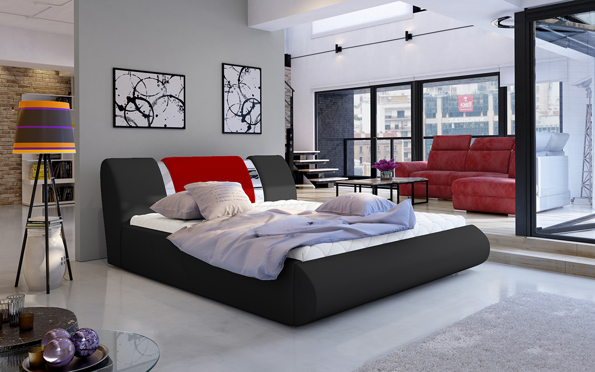 NABBI Folino 160 čalúnená manželská posteľ s roštom čierna / červená