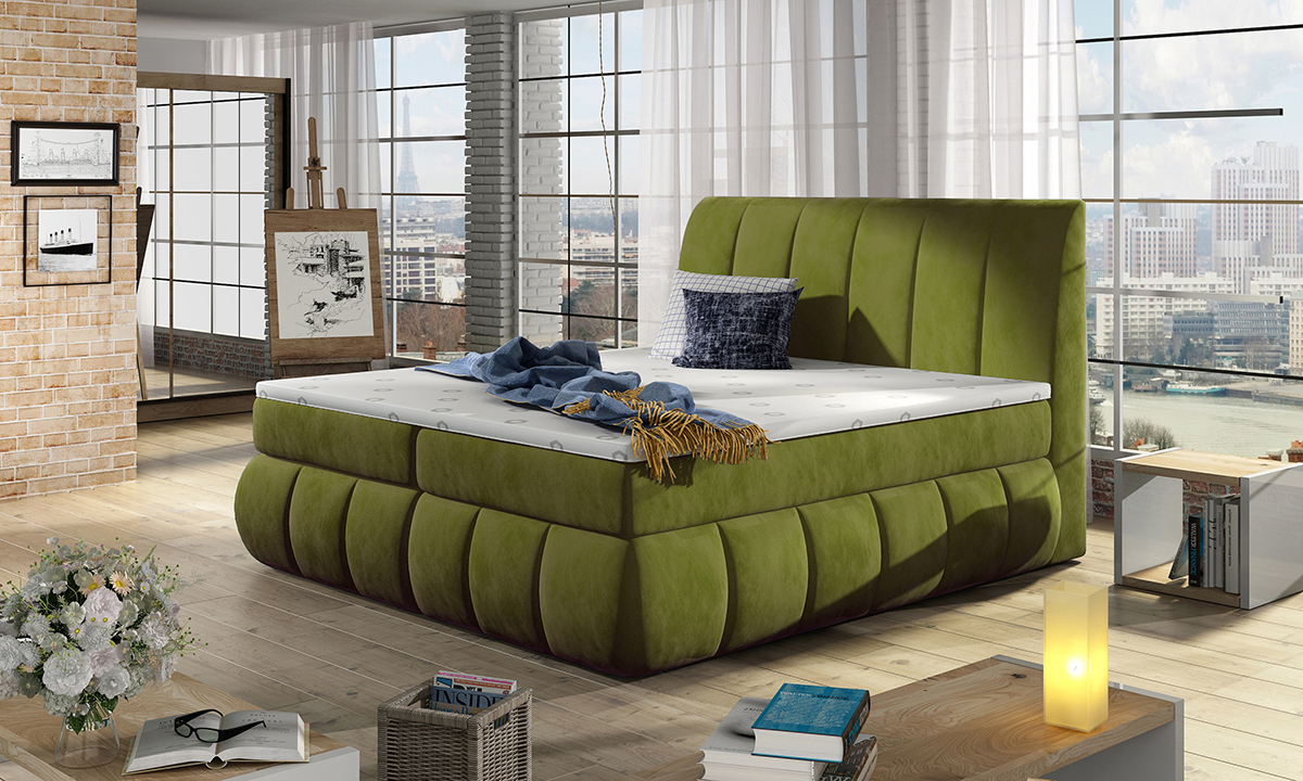 NABBI Vareso 160 čalúnená manželská posteľ s úložným priestorom zelená
