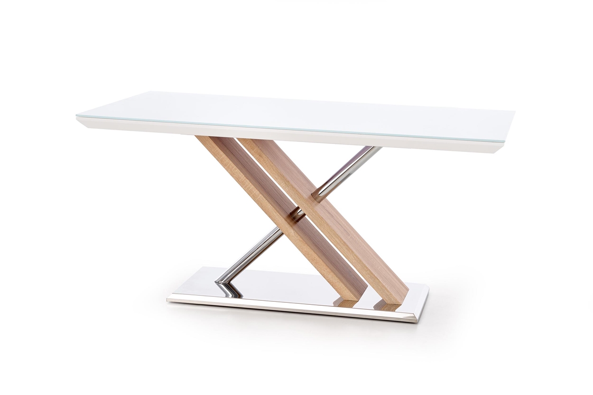 HALMAR Nexus sklenený jedálenský stôl biely lesk / dub sonoma