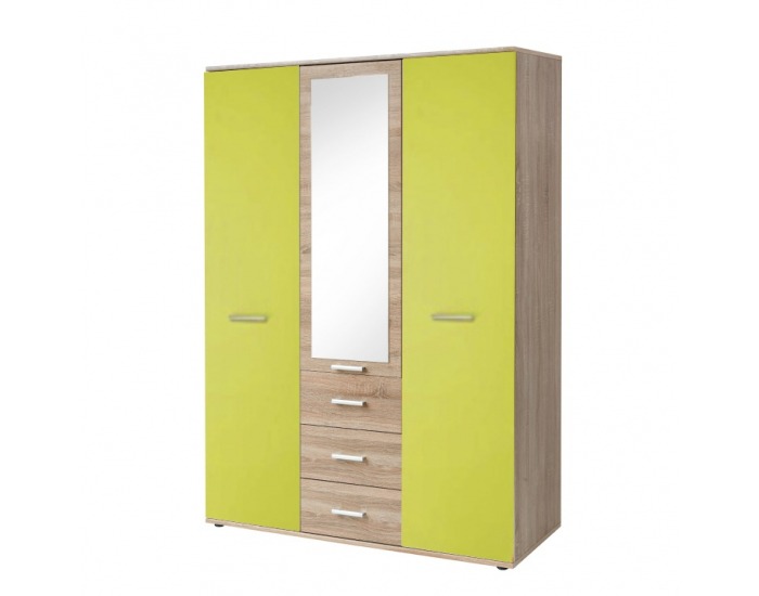 Šatníková skriňa so zrkadlom Emio Typ 3 3D - dub sonoma / zelená
