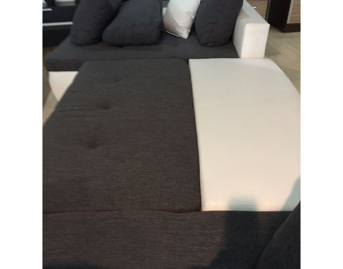 Rohová sedačka U s rozkladom Frankfurt New L/P - biela ekokoža / sivý šenil