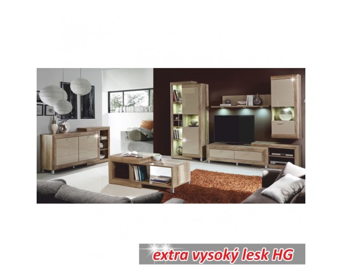 TV stolík Gatik 131 - dub antický / béžový vysoký lesk