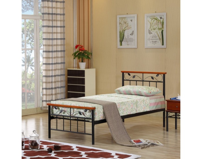 Kovová jednolôžková posteľ s roštom Morena 90 - čierny kov / čerešňa