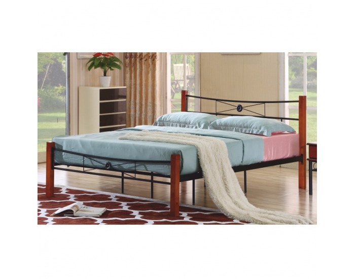 Kovová manželská posteľ s roštom Amarilo 180 - čierny kov / čerešňa