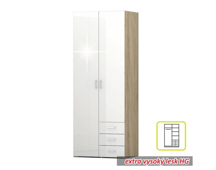 Šatníková skriňa Gwen 70425 2D - dub sonoma / biely vysoký lesk
