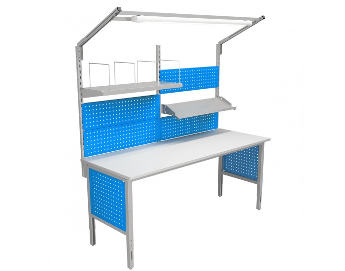 Montážny stôl s nadstavbou a osvetlením 2000 03 - svetlosivá / modrá