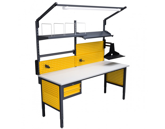 Montážny stôl s nadstavbou a osvetlením 2000 04 - grafit / žltá