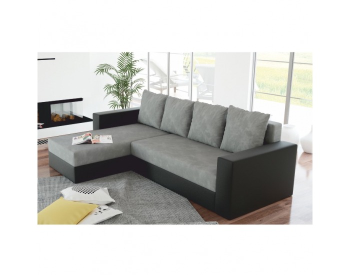 Rohová sedačka s rozkladom a úložným priestorom Aron L/P - čierna / sivá