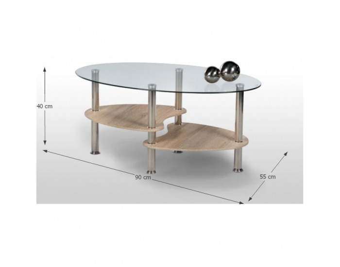 Konferenčný stolík Panty - oceľ / číre sklo / dub sonoma