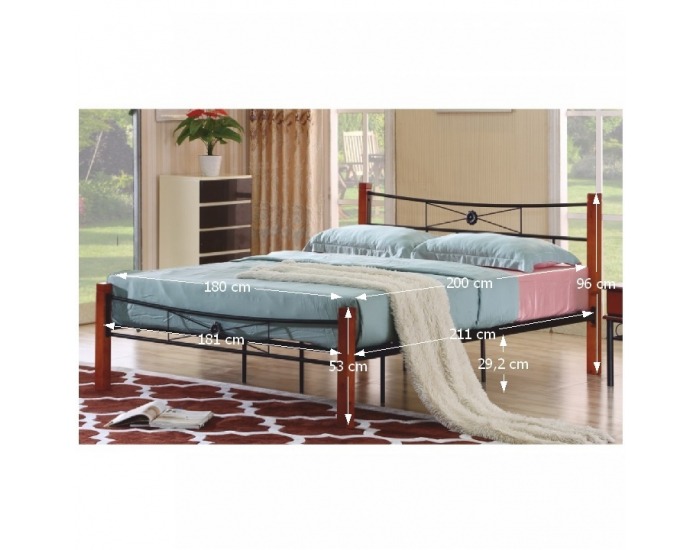 Kovová manželská posteľ s roštom Amarilo 180 - čierny kov / čerešňa