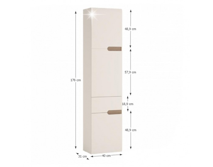 Kúpeľňová skrinka na stenu Lynatet 155 L - biela / biely vysoký lesk / dub sonoma truflový