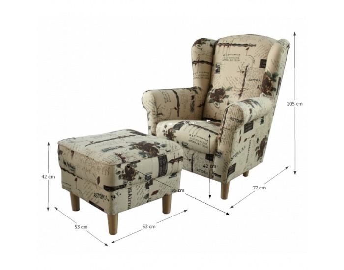 Kreslo (ušiak) s taburetkou Astrid - vzor béžový kvet