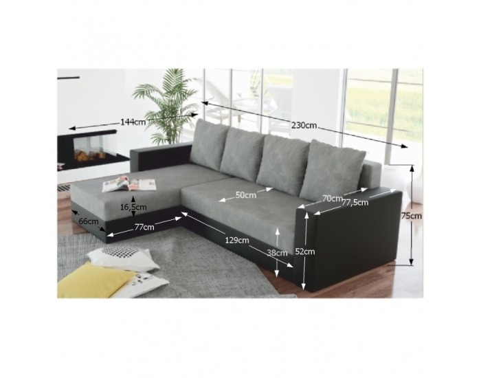 Rohová sedačka s rozkladom a úložným priestorom Aron L/P - čierna / sivá