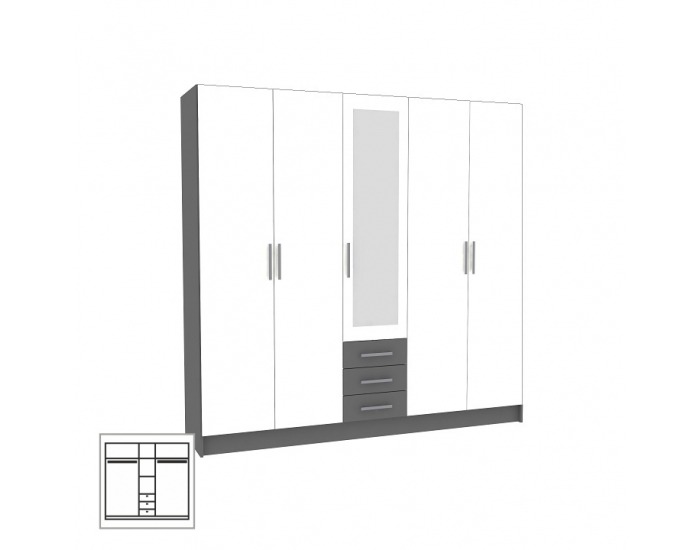 Šatníková skriňa Greyline 5D - biela / grafit