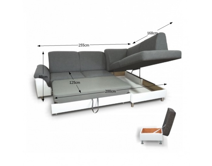 Rohová sedačka s rozkladom a úložným priestorom Polo P - biela / tmavosivá