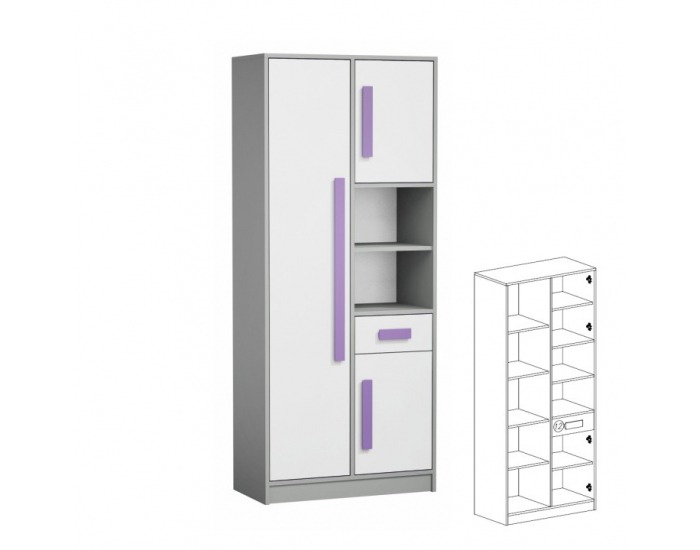 Policová skriňa Piere P03 - sivá / biela / fialová