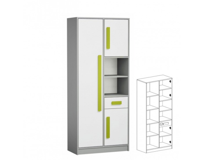 Policová skriňa Piere P03 - sivá / biela / zelená