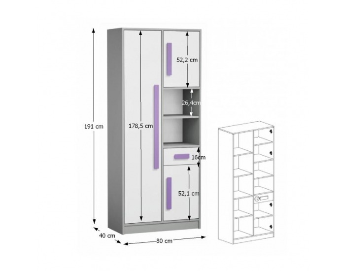 Policová skriňa Piere P03 - sivá / biela / fialová