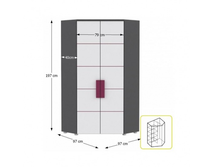 Rohová šatníková skriňa Lobete 89 - sivá / biela / fialová