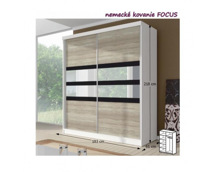 Šatníková skriňa Multi 10 2D 183x218 cm - dub sonoma / biela / čierne sklo