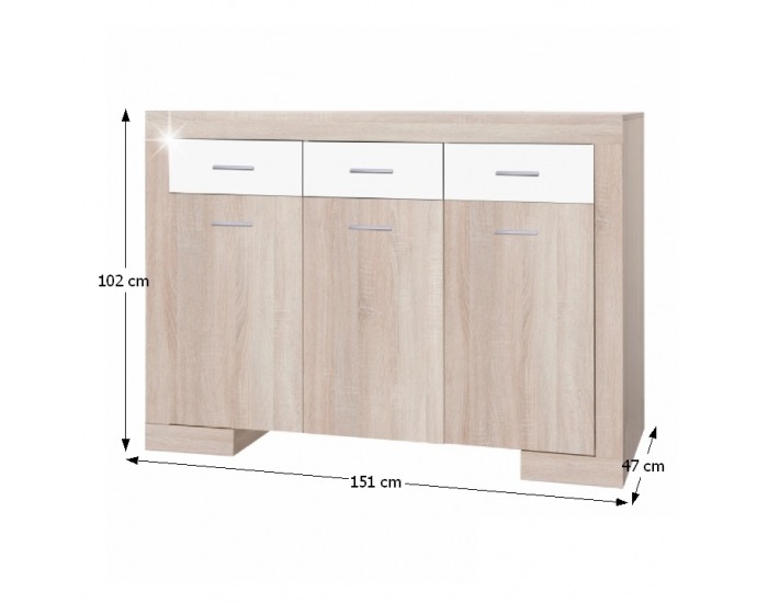 Trojdverová komoda Stilo 2 - dub sonoma / biely lesk