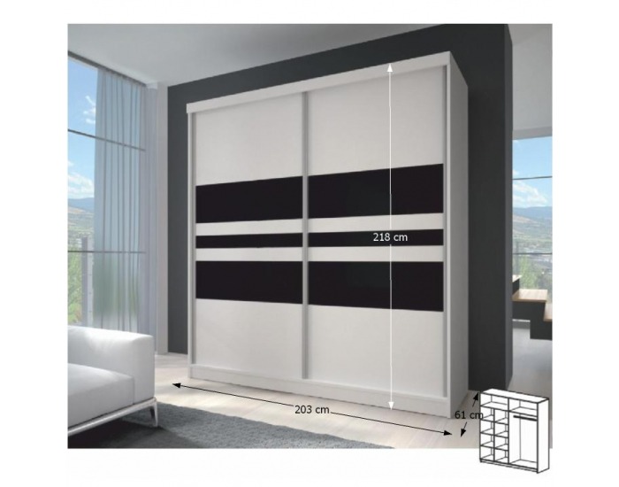 Šatníková skriňa Multi 11 2D 203x218 cm - biela / čierne sklo