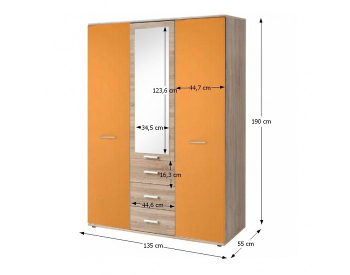 Šatníková skriňa so zrkadlom Emio Typ 3 3D - dub sonoma / oranžová
