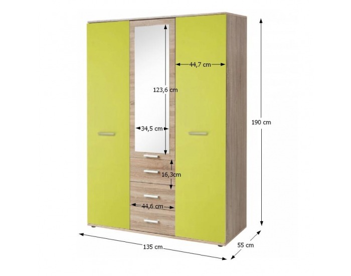 Šatníková skriňa so zrkadlom Emio Typ 3 3D - dub sonoma / zelená