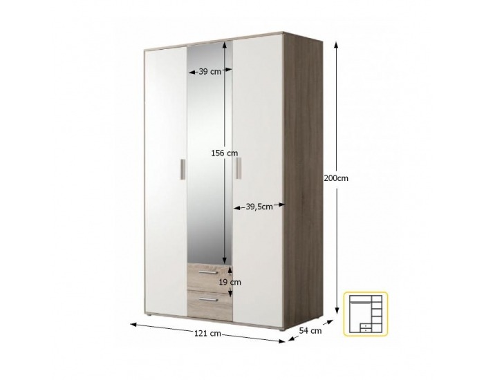 Trojdverová skriňa so zrkadlom Pano 83 3D - dub sonoma / biela