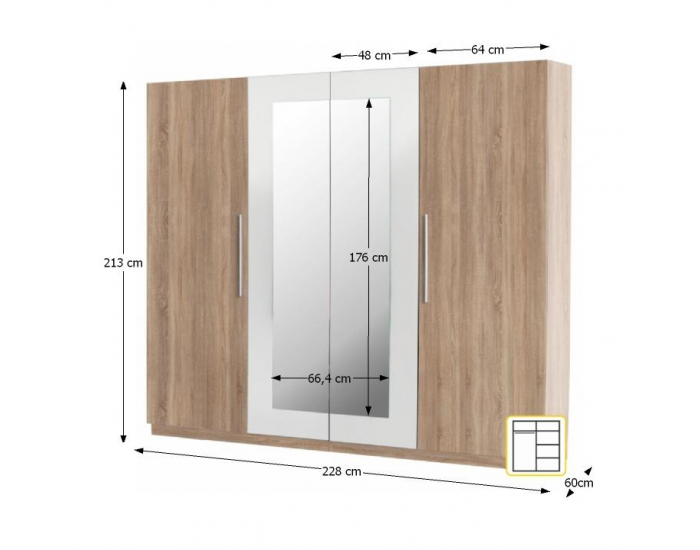 Šatníková skriňa so zrkadlom Martina 4D - dub sonoma / biela