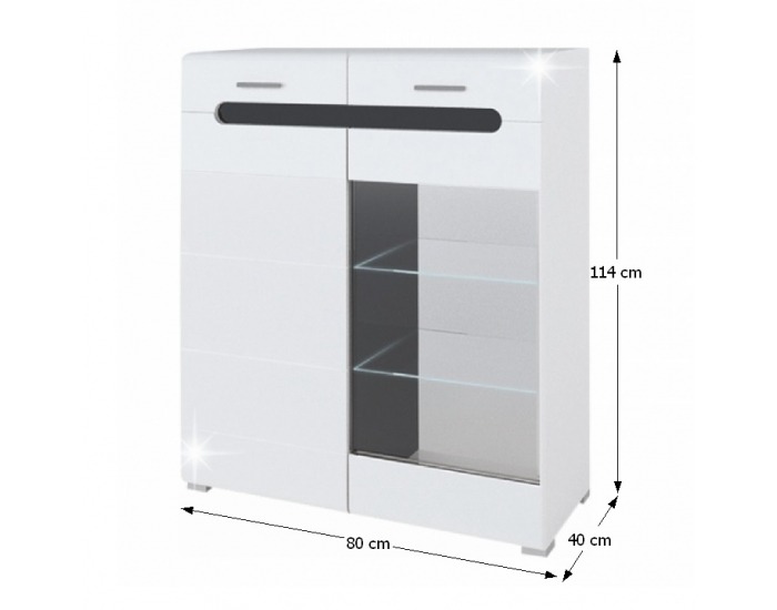 Vitrína s osvetlením Owal GL - biely vysoký lesk / čierny vysoký lesk