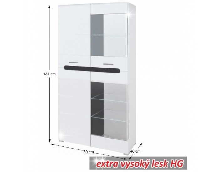 Vitrína s osvetlením Owal SV - biely vysoký lesk / čierny vysoký lesk