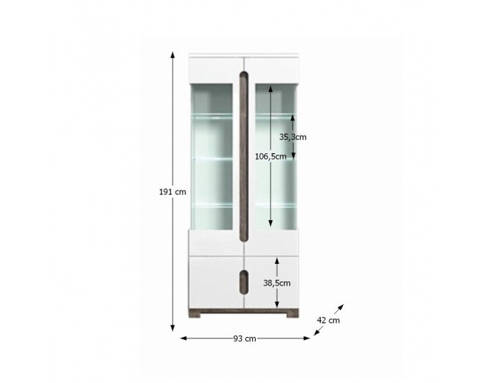 Vitrína s osvetlením Lorien LS 2 - san remo / biela / biely vysoký lesk