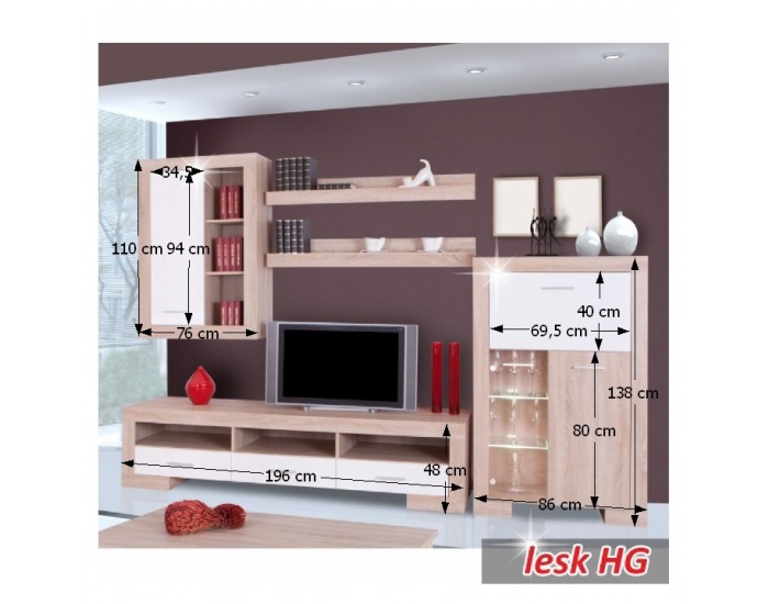 Obývacia stena Stilo - dub sonoma / biely lesk