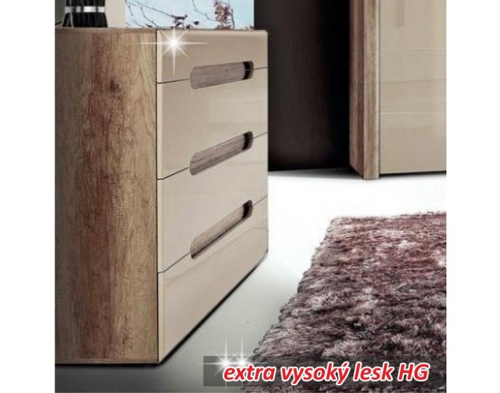 Zásuvková komoda Triztan - dub antický / béžový vysoký lesk