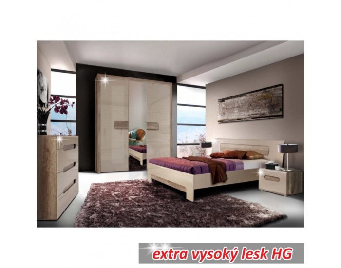 Spálňa Triztan - dub antický / béžový vysoký lesk