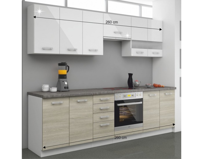 Kuchyňa Lewis 260 - biely vysoký lesk / dub late