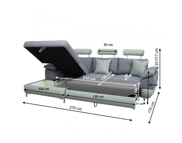 Rohová sedačka s rozkladom a úložným priestorom Tvins L - sivá / mentolová