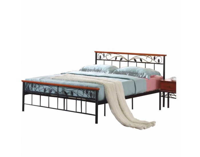 Kovová manželská posteľ s roštom Morena 160 - čierny kov / čerešňa