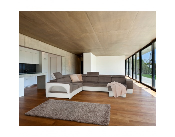 Rohová sedačka U s rozkladom a úložným priestorom Kamelia L - biela / hnedá