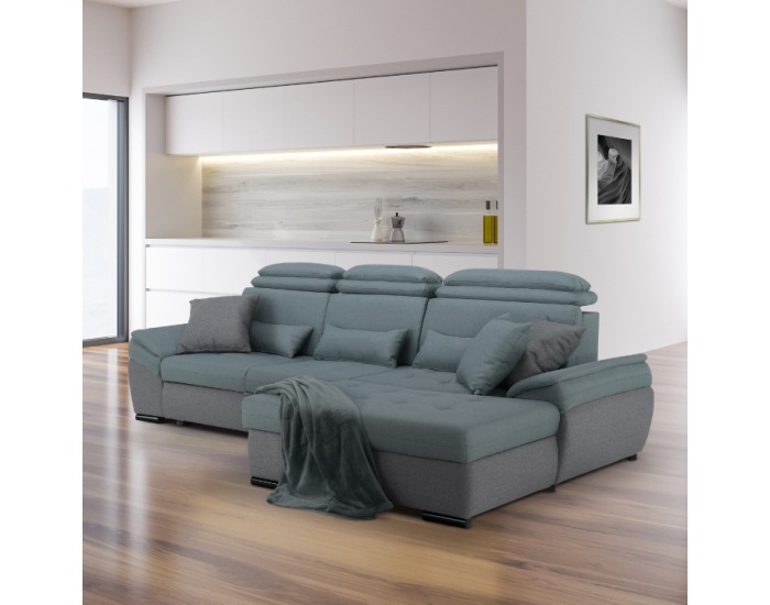 Rohová sedačka s rozkladom a úložným priestorom Natik P - sivá / mentolová