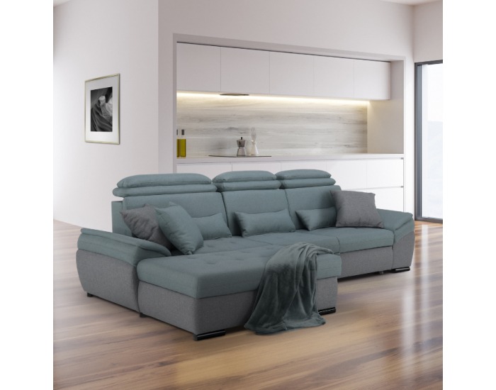 Rohová sedačka s rozkladom a úložným priestorom Natik L - sivá / mentolová