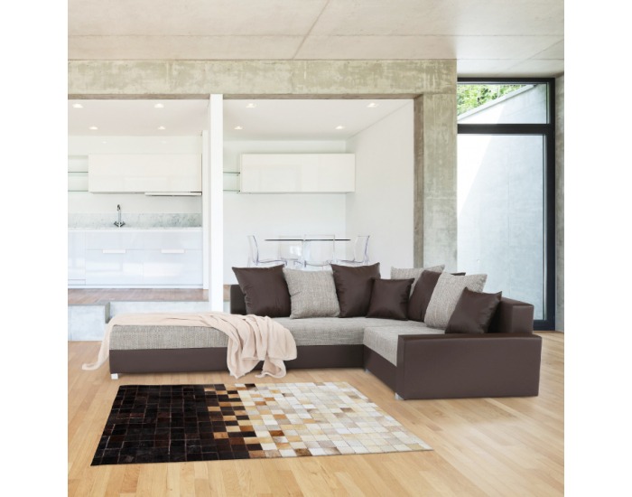 Rohová sedačka s rozkladom Petrana New L - hnedá ekokoža / svetlohnedý šenil (Berlin 03)