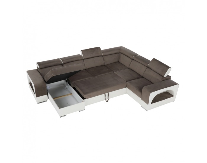 Rohová sedačka U s rozkladom a úložným priestorom Kamelia P - biela / hnedá