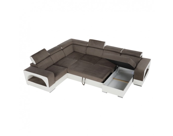 Rohová sedačka U s rozkladom a úložným priestorom Kamelia L - biela / hnedá