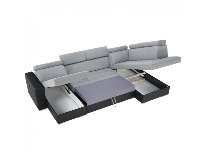 Rohová sedačka U s rozkladom a úložným priestorom Vasto P - čierna / svetlosivá