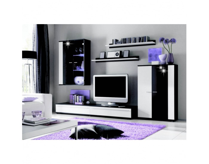 Obývacia stena Canes - biela / čierny vysoký lesk