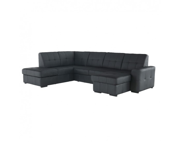 Kožená rohová sedačka U s rozkladom Trek L - čierna koža (Yak M6900)