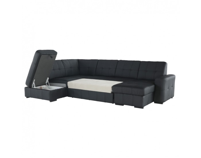 Kožená rohová sedačka U s rozkladom Trek L - čierna koža (Yak M6900)